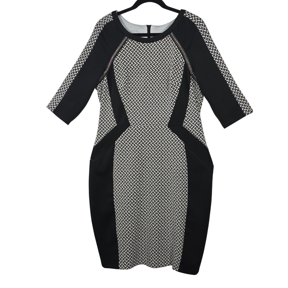 Jax Women Black White Geometric Basketweave Illusion Sheath Bodycon Dress Sz 16‎